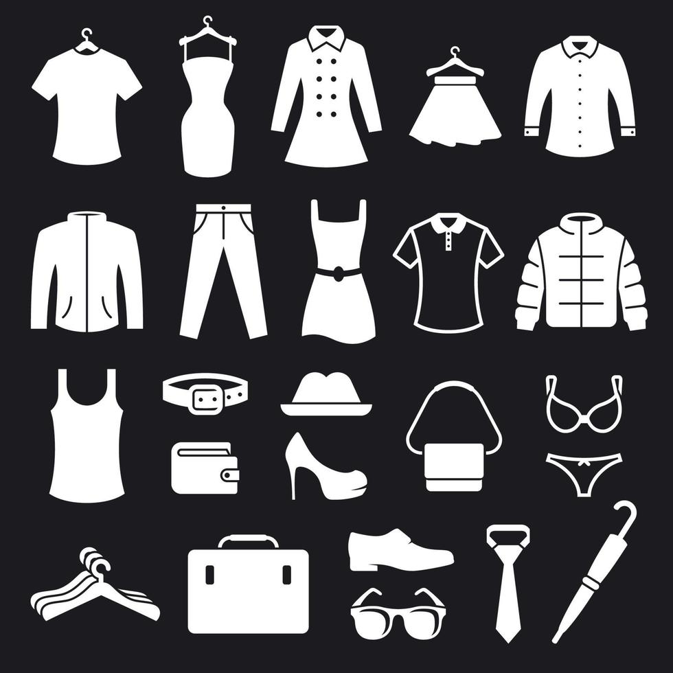 conjunto de ícones de loja de roupas. branco em um fundo preto vetor