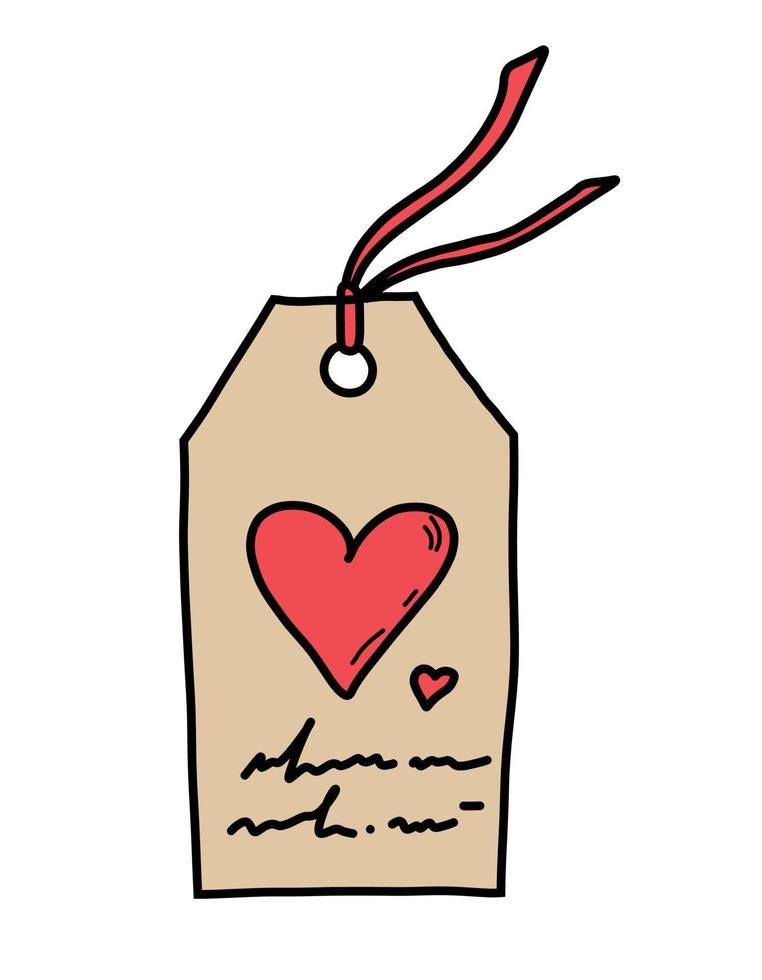 tag desenhada à mão vetorial para presente com coração vermelho. ilustração para design de dia dos namorados. etiqueta feita de papel antigo vetor
