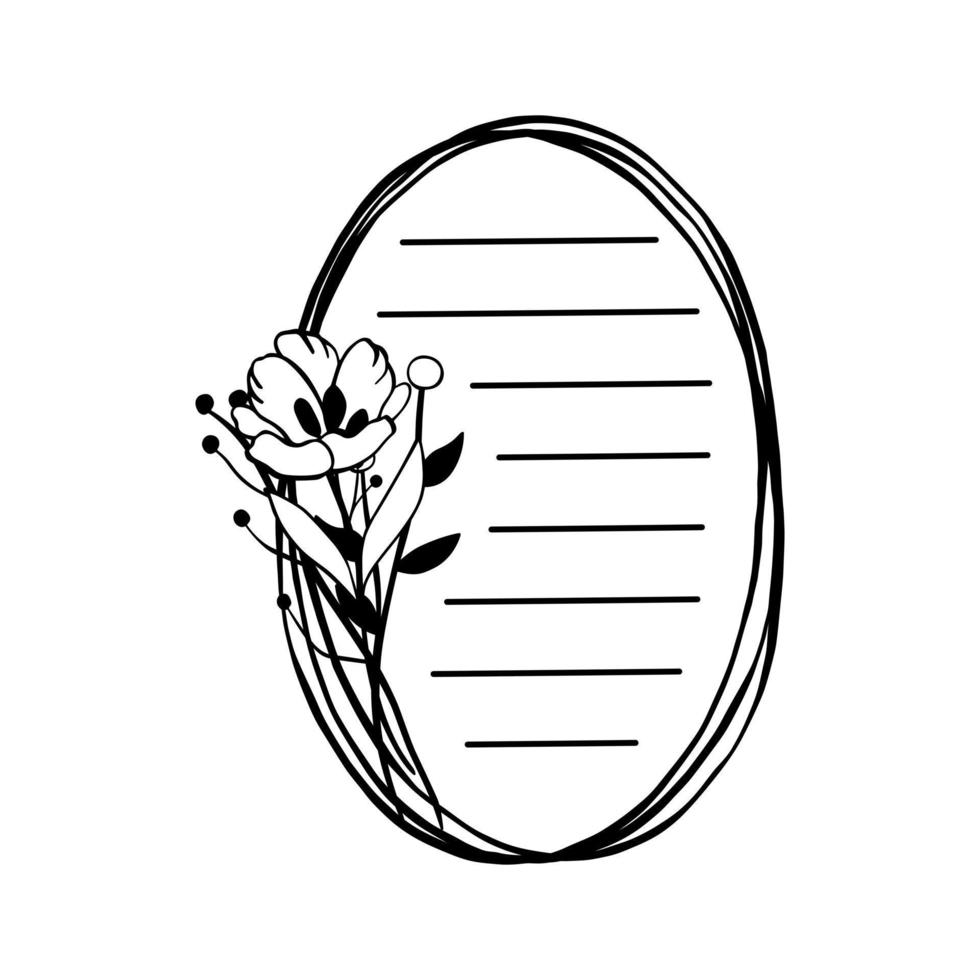 lindas flores, pólen e folhas em moldura oval tripla com linha preta para mensagem como papel de carta. ilustração vetorial sobre artigos de papelaria. vetor