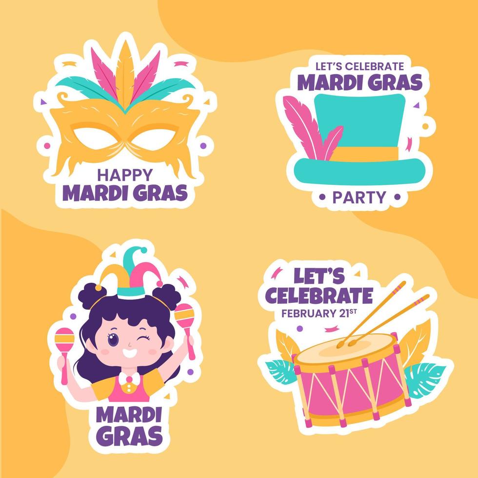 etiqueta de carnaval de mardi gras ilustração de modelos desenhados à mão de desenhos animados planos vetor