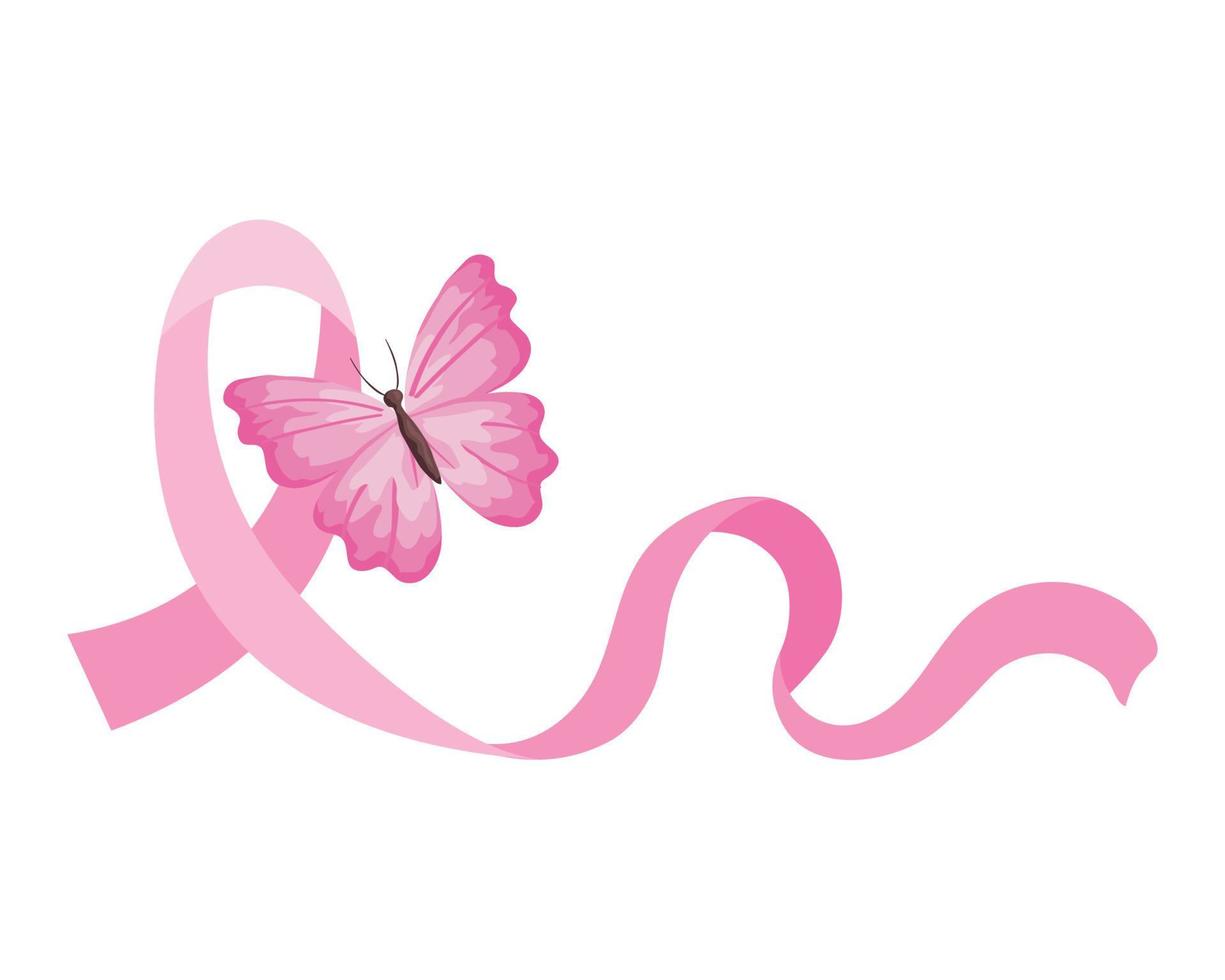 fita rosa com borboleta de projeto de vetor de conscientização do câncer de mama