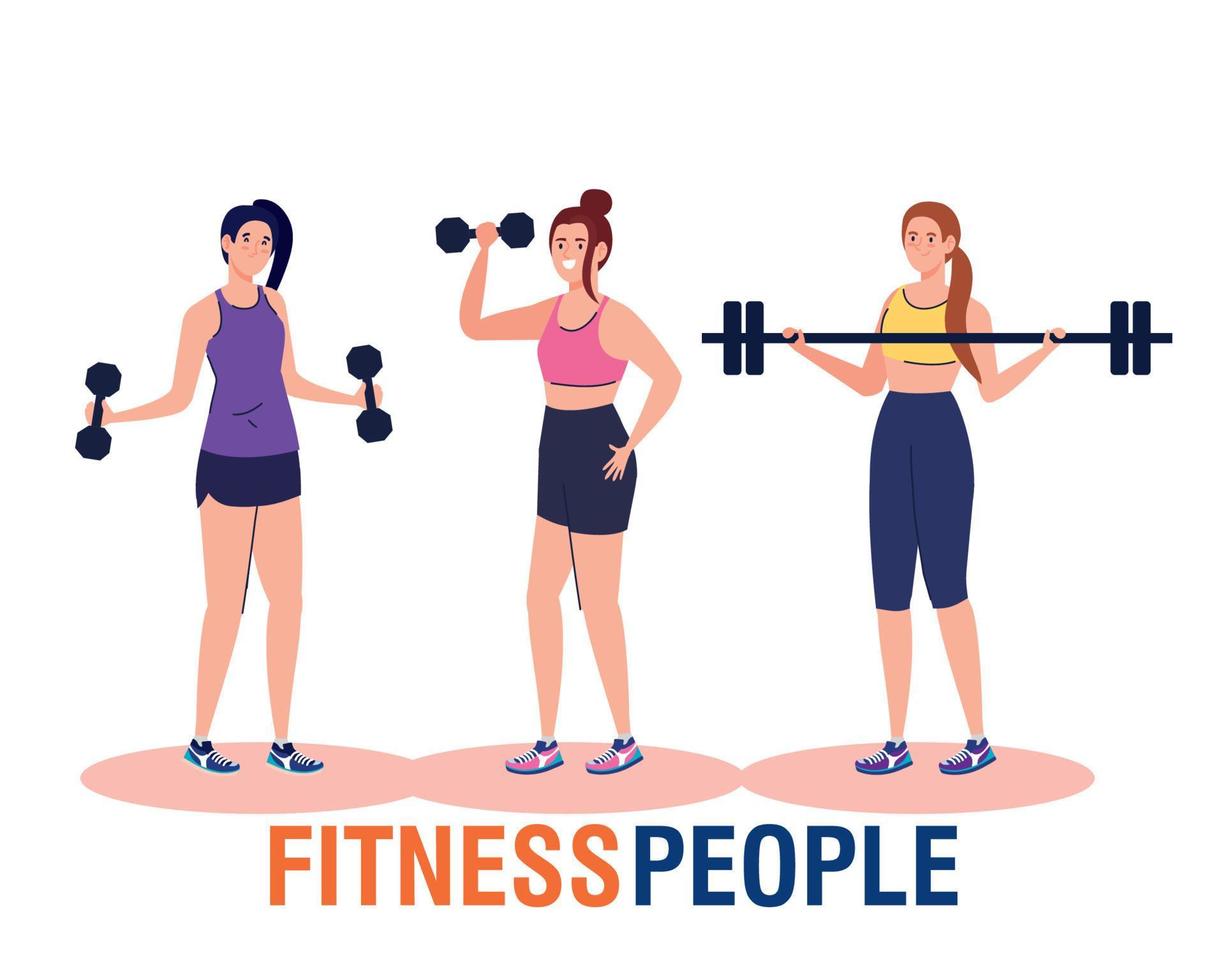 banner fitness pessoas, mulheres fazendo exercícios com halteres e barra de peso, exercício de recreação esportiva vetor
