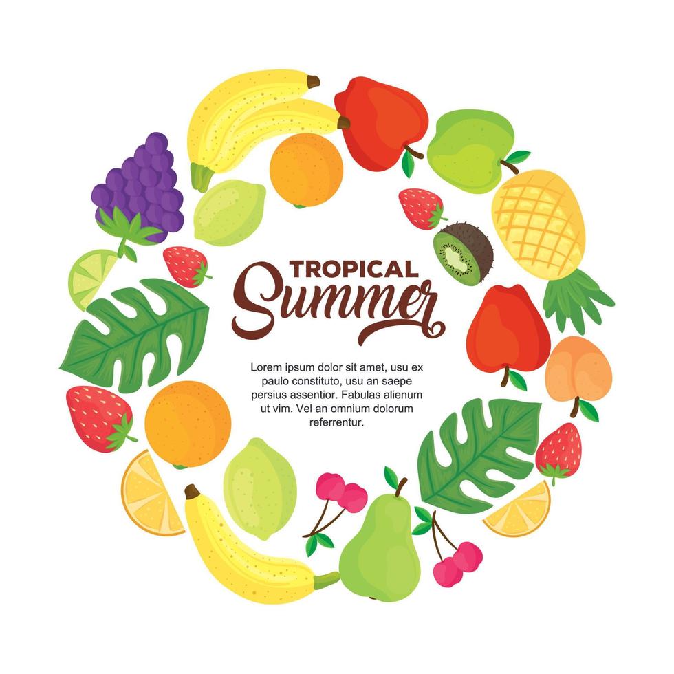 banner de verão tropical, com moldura redonda de frutas frescas vetor