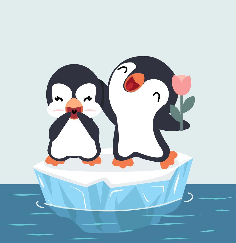 casal de pinguins fofos em vetor de bloco de gelo