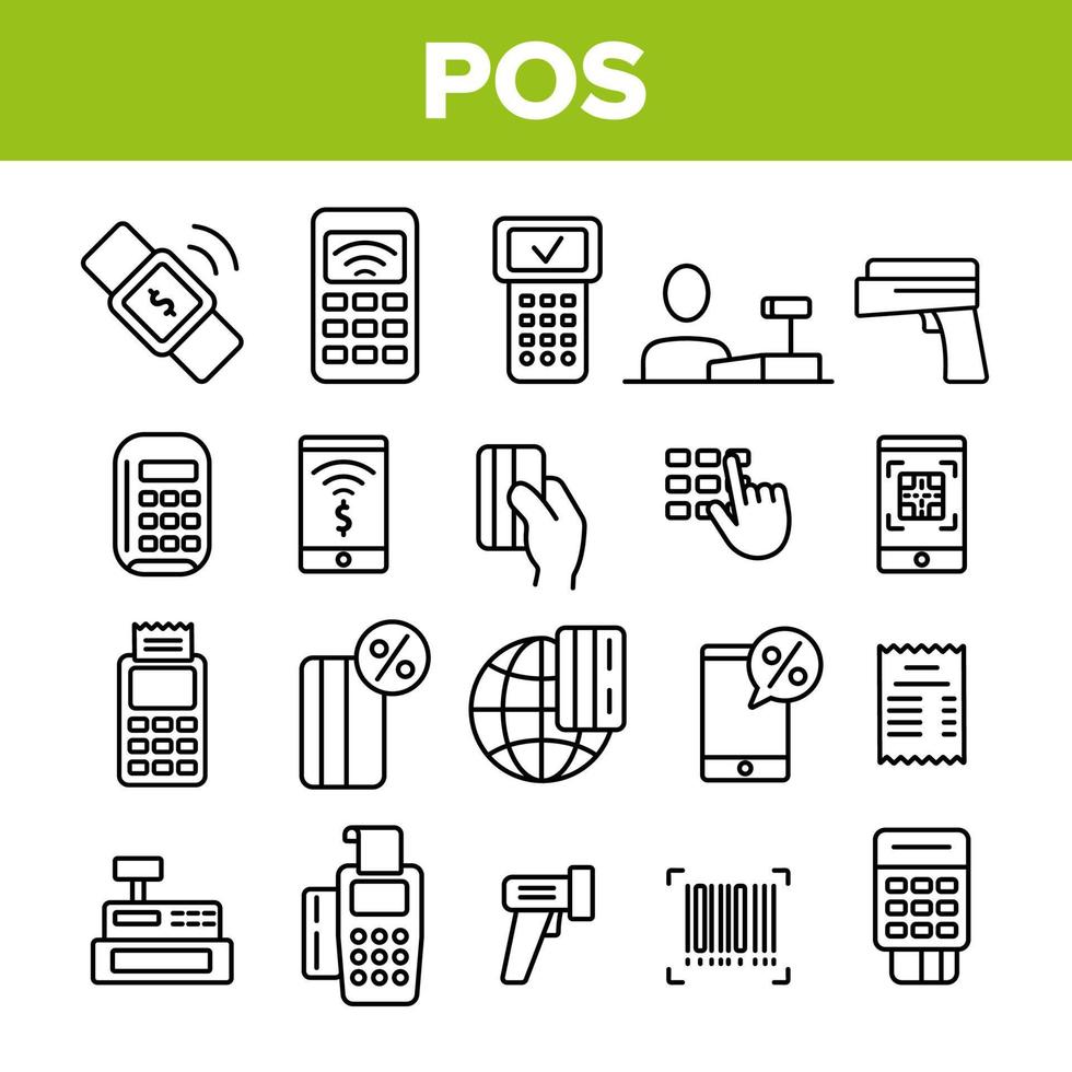 terminal pos, conjunto de ícones lineares vetoriais de pagamento móvel vetor