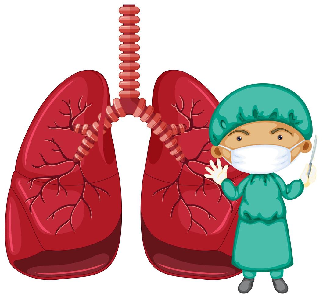 pulmões com um médico usando máscara de personagem de desenho animado vetor