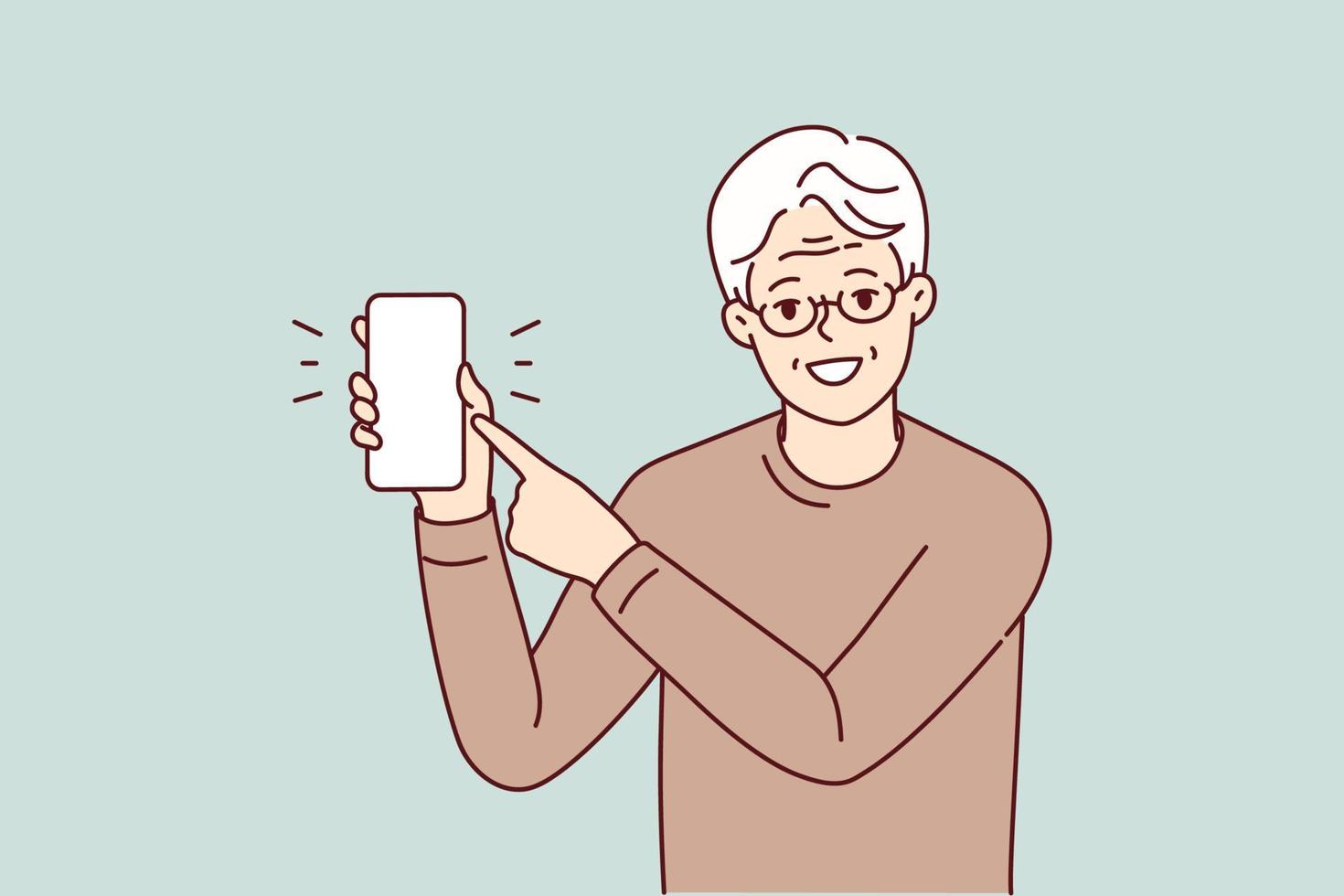 homem idoso sorridente em óculos aponta para a tela do celular de maquete. show de avô maduro feliz com o dedo na tela do smartphone. ilustração vetorial. vetor