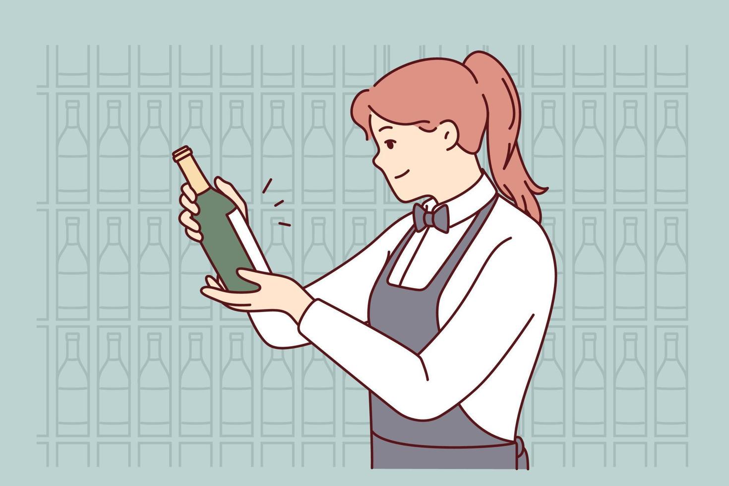 garçonete sorridente no avental escolhendo vinho na adega. feliz sommelier feminino faz escolha sobre bebida no restaurante. ilustração vetorial. vetor