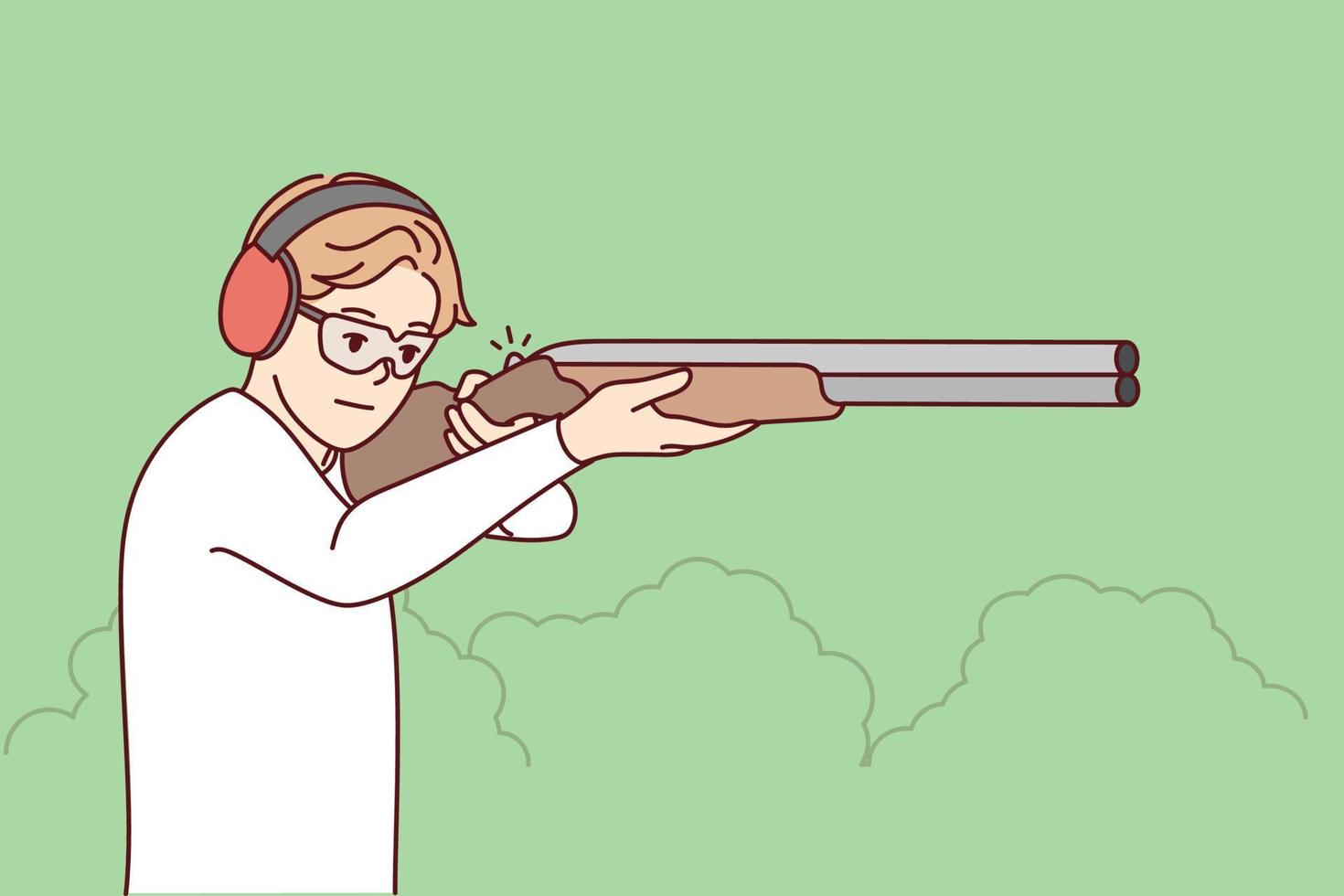 homem em fones de ouvido e óculos atirar com rifle na galeria de tiro. cara com arma nas mãos caçando no parque. ilustração vetorial. vetor