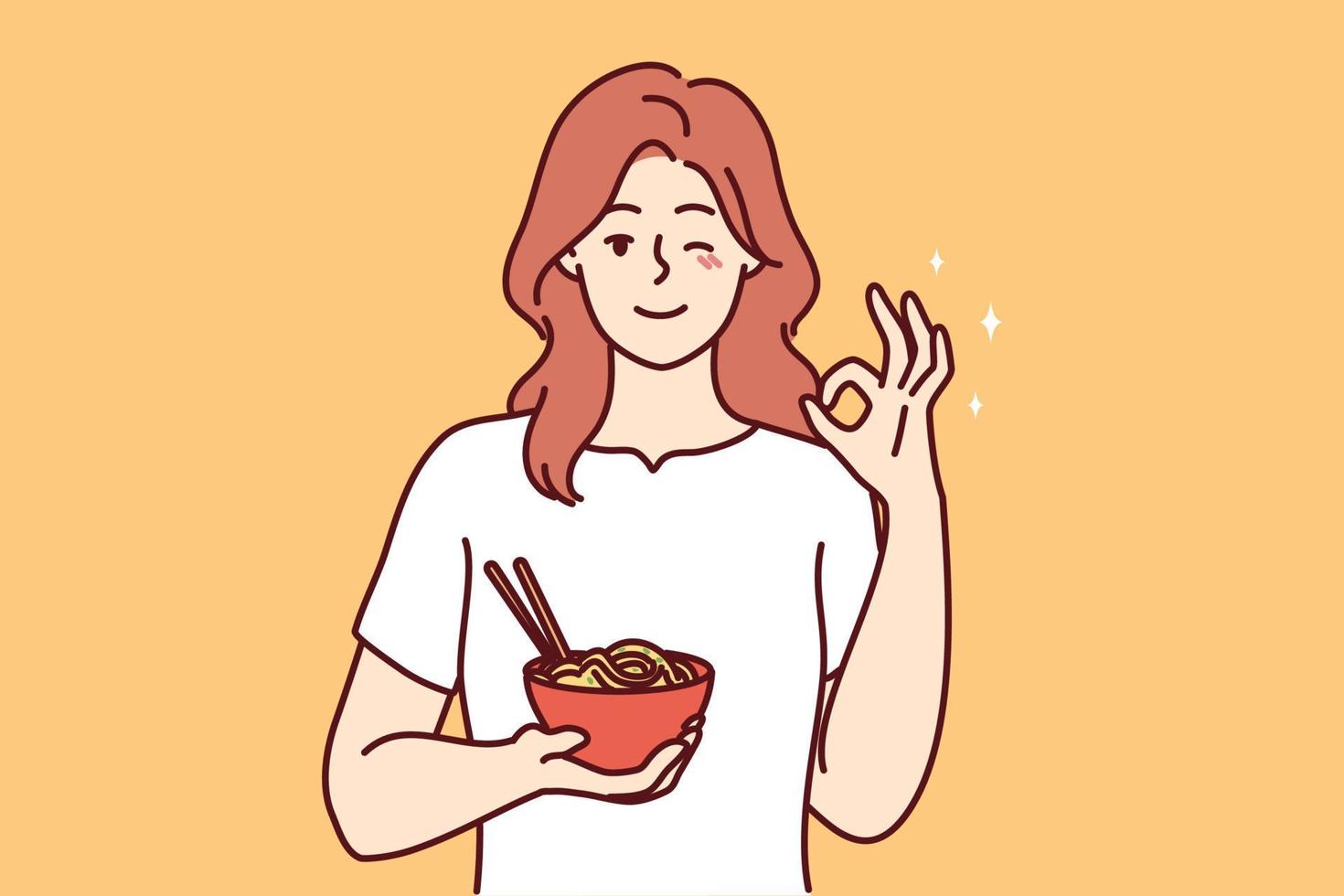 jovem sorridente comendo comida asiática mostra todo o gesto com a mão direita. garota feliz gosta de macarrão recomendo restaurante. recomendação. ilustração vetorial. vetor