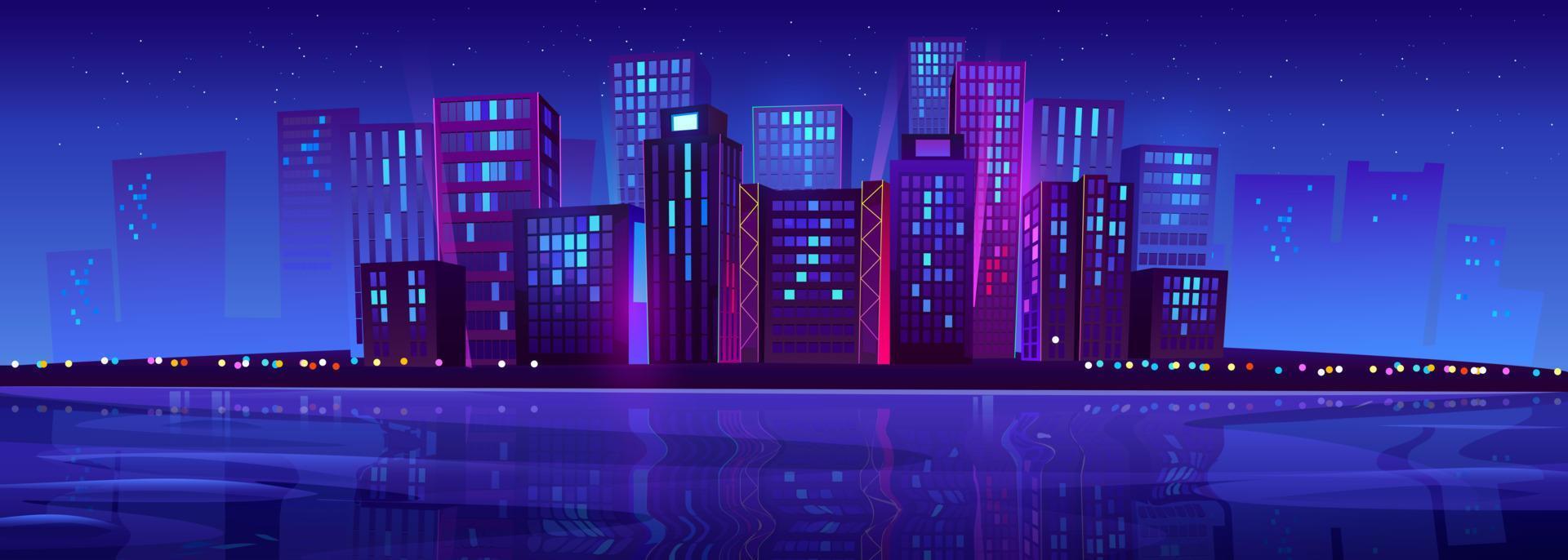 cidade noturna moderna perto do rio, luzes de neon vetor