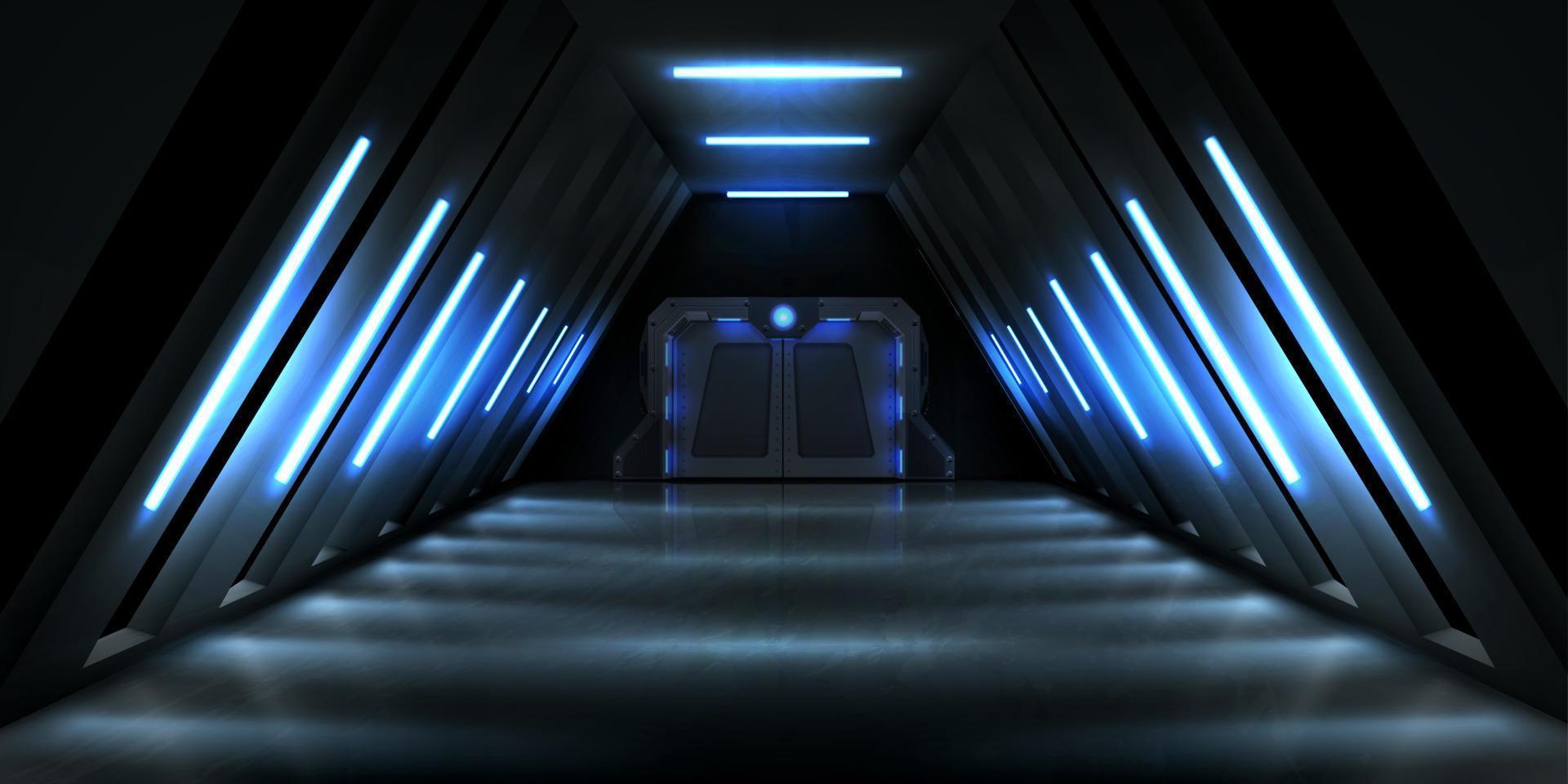 corredor escuro com porta de metal e iluminação azul vetor