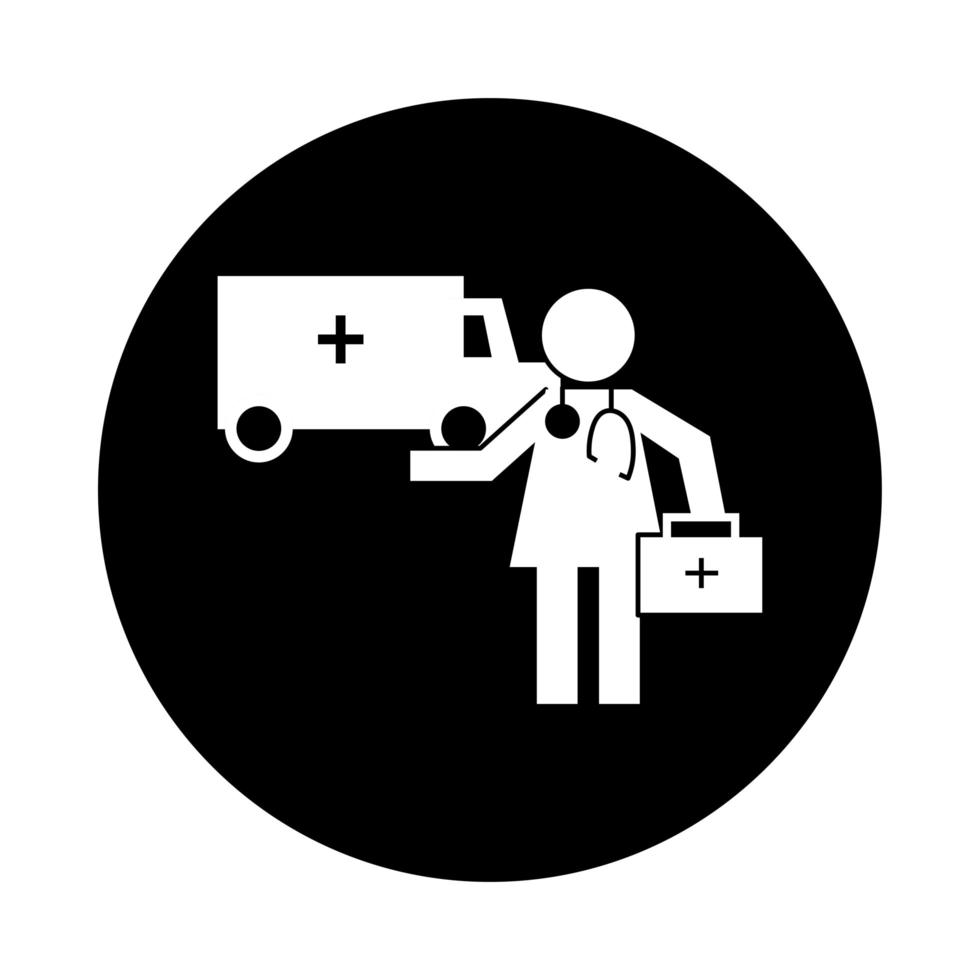 médico com estilo de bloco de pictograma de saúde de ambulância vetor