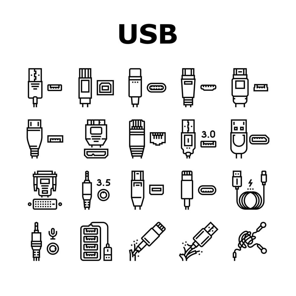 vetor de conjunto de ícones de compras de cabo e porta usb