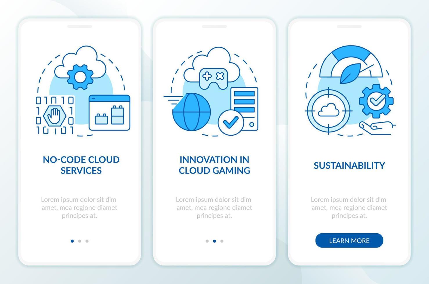 tecnologias de computação em nuvem tela de aplicativo móvel de integração azul. instruções gráficas editáveis passo a passo em 3 etapas com conceitos lineares. modelo ui, ux, gui. inúmeras fontes pro-bold regulares usadas vetor