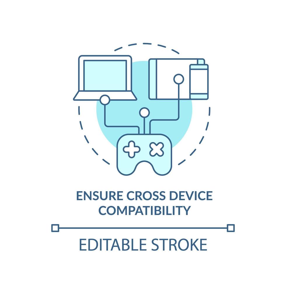 garanta o ícone do conceito turquesa de compatibilidade entre dispositivos. ilustração de linha fina de ideia abstrata de conformidade de gadget. desenho de esboço isolado. curso editável. arial, inúmeras fontes pro-bold usadas vetor