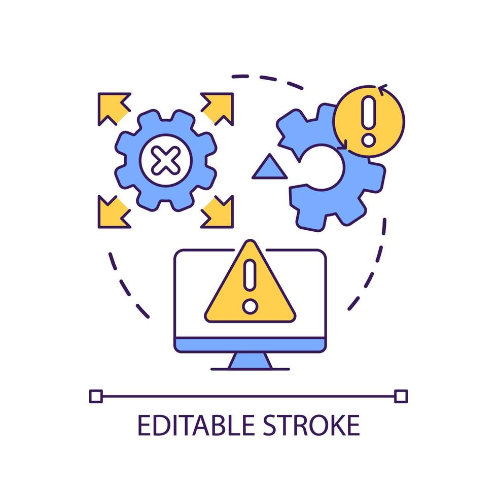 ícone do conceito de avaria do sistema de computador. mau funcionamento do software. erro de programa. ilustração de linha fina de ideia abstrata de sinal de aviso. desenho de esboço isolado. curso editável. fonte arial usada vetor