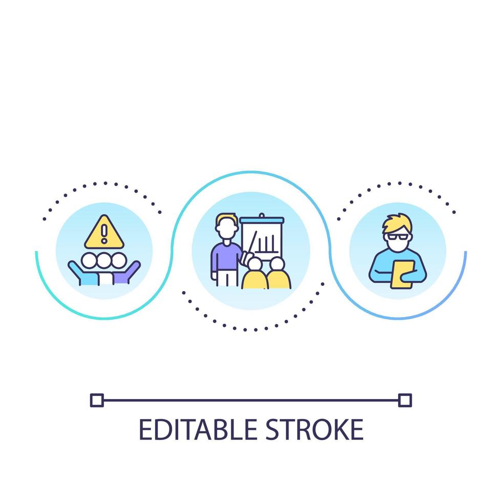 ícone do conceito de loop de educação do desenvolvedor. treinamento dos funcionários. desenvolvimento de carreira. equipe questão idéia abstrata ilustração de linha fina. desenho de esboço isolado. curso editável. fonte arial usada vetor