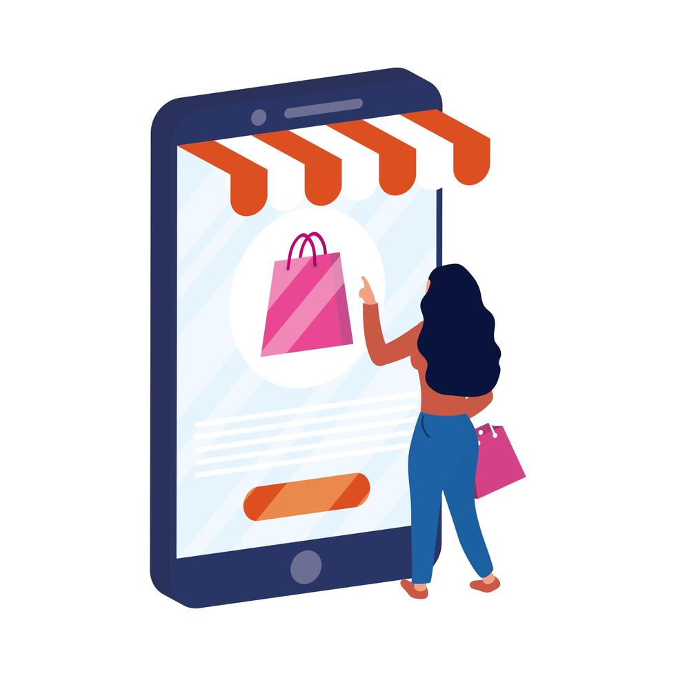 comércio eletrônico online com smartphone mulher comprando sacola de compras vetor