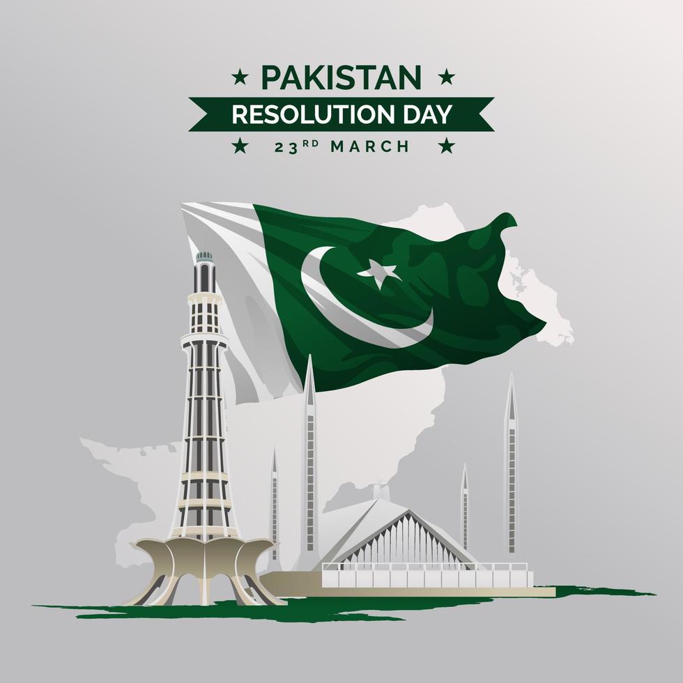 mapa nacional de plano de fundo do dia da resolução do paquistão com ilustração vetorial de construção de bandeira e ponto de referência vetor