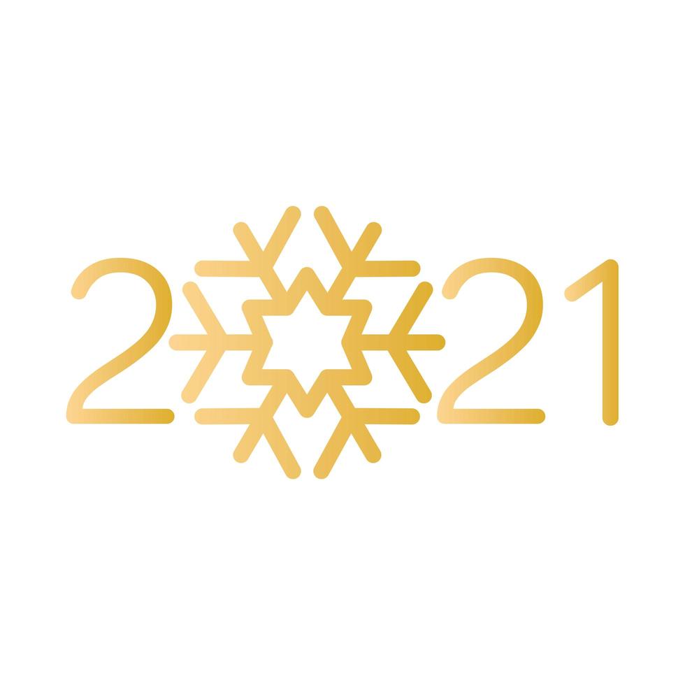 decoração dourada de números do ano 2021 com floco de neve vetor