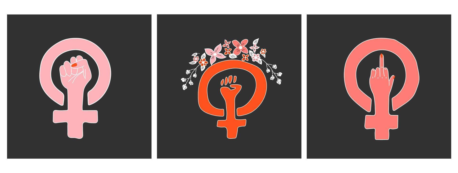 conjunto de três vetores do símbolo do feminismo. gênero feminino de poder feminino. esboço desenhado à mão.
