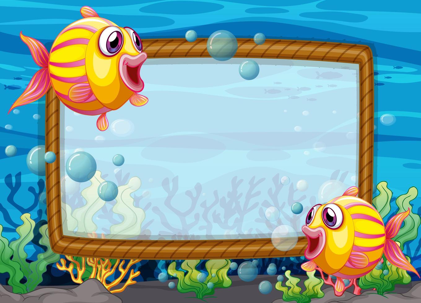 modelo de quadro em branco com personagem de desenho animado de peixes exóticos na cena subaquática vetor