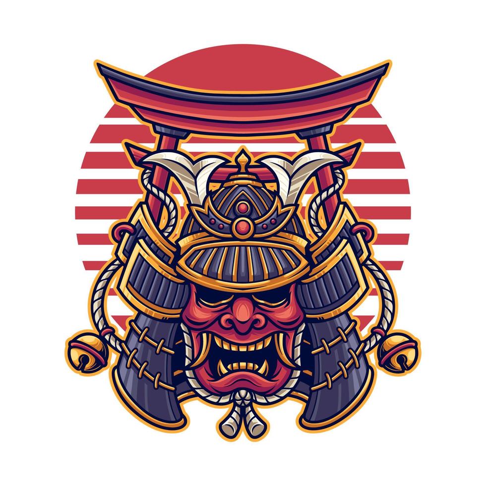 cabeça de máscara de samurai japonês com ilustração de portão torii vetor