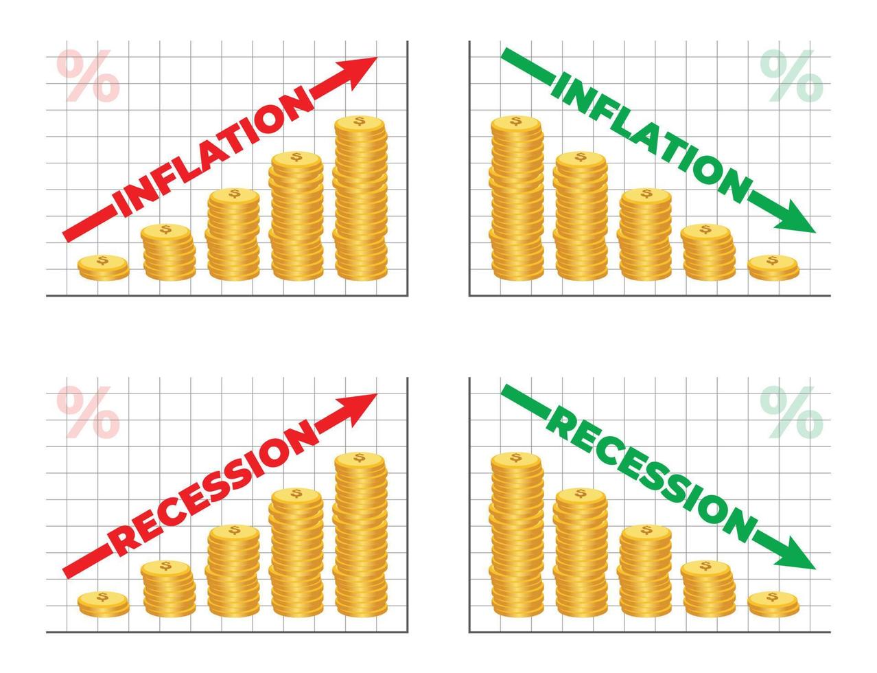 infográfico de inflação e recessão com barra de moedas e gráfico de seta subindo e descendo o crescimento dos negócios financeiros e econômicos isolados no fundo branco. vetor