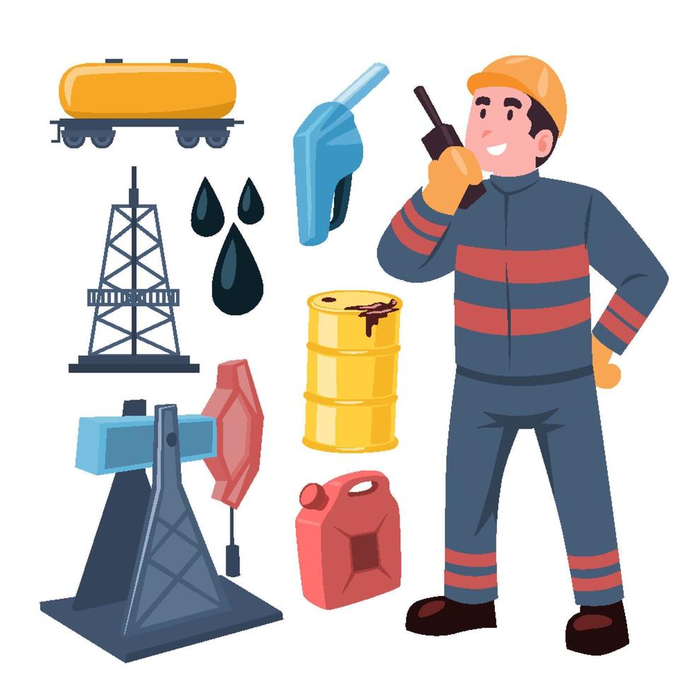 objetos de equipamento de ferramenta de personagem de trabalhador de trabalho de plataforma de petróleo com óleo de petróleo, barril, galão de gasolina, caminhão tanque de óleo, offshore, gota de óleo e bomba. ilustração plana vetor