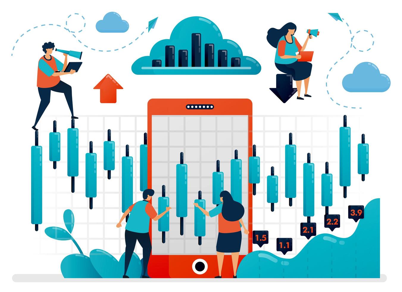 pesquisar e analisar dados estatísticos para escolher o investimento. plataforma móvel para financiamento e financiamento. gráfico e diagrama. ilustração humana plana vetorial para página de destino, site, celular, cartaz, anúncios vetor