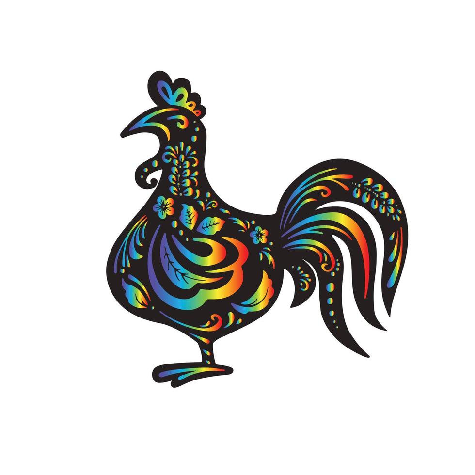 galo preto, galinha com pintura de arco-íris de flores, vetor