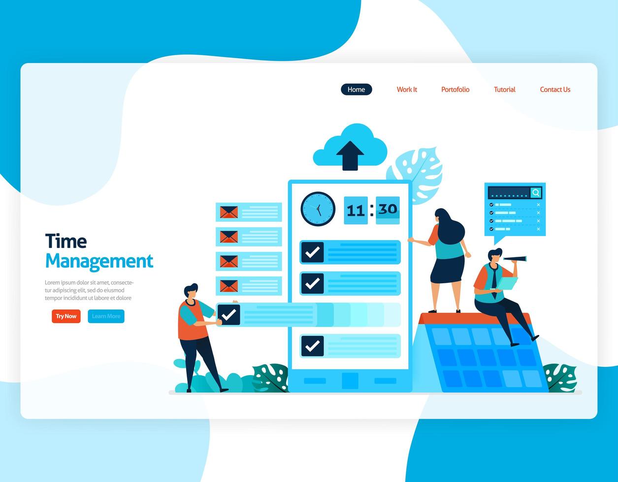 vetor de landing page de gerenciamento de tempo e agendamento de tarefas, projete, planeje e gerencie o trabalho no prazo, falta de tempo nos negócios, trabalho com o tempo. ilustração para site, aplicativos móveis, página inicial, folheto, cartão