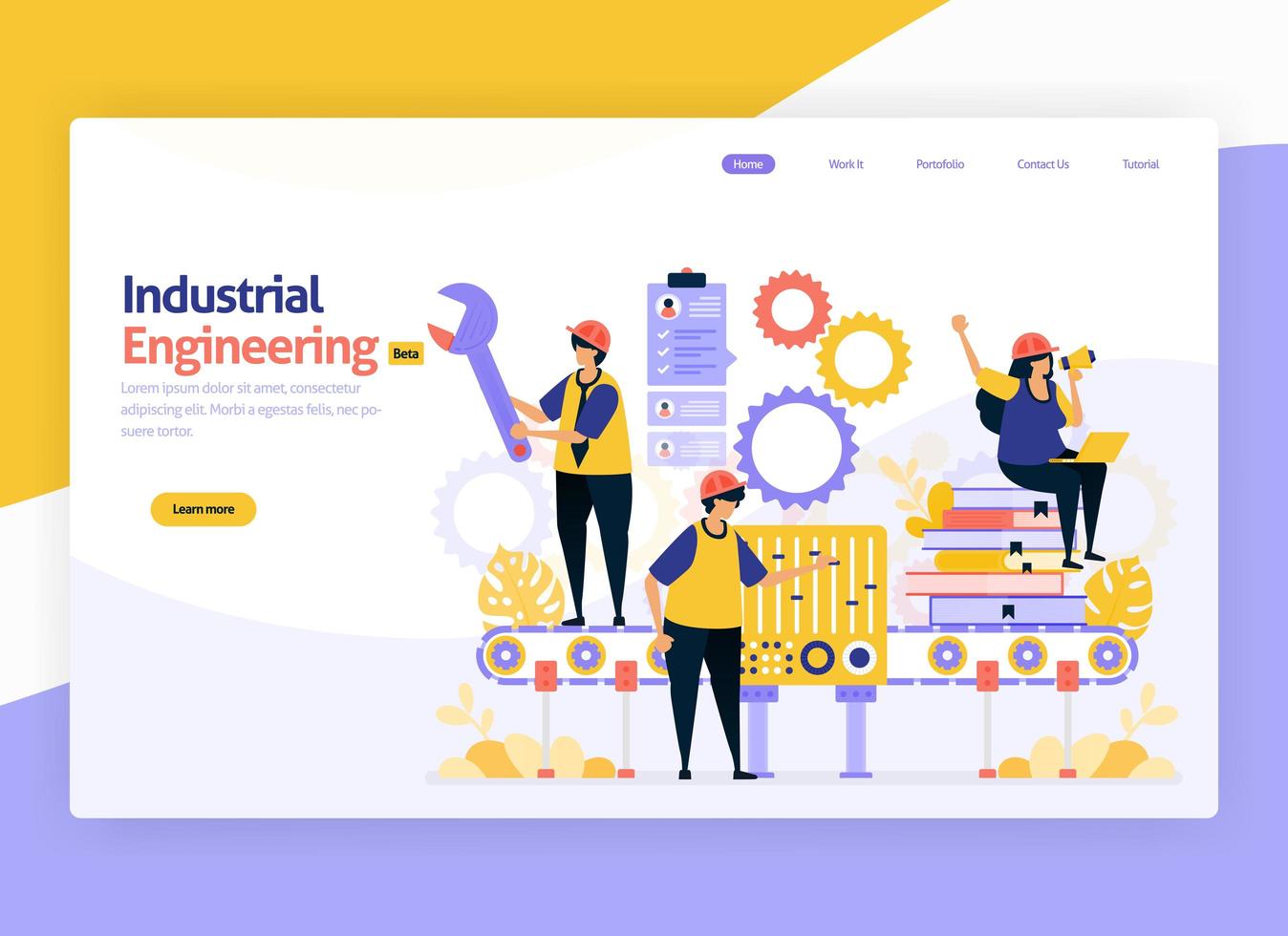 ilustração vetorial para engenharia industrial e de máquinas. trabalhos de manutenção, operação de máquinas de fabricação industrial. para web, site, página de destino, aplicativo móvel, banner, folheto, brochura vetor