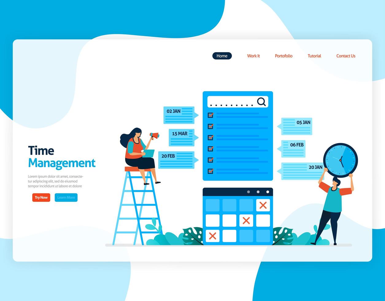 vetor de landing page de gerenciamento de tempo e agendamento de tarefas, projete, planeje e gerencie o trabalho no prazo, falta de tempo nos negócios, trabalho com o tempo. ilustração para site, aplicativos móveis, página inicial, folheto, cartão