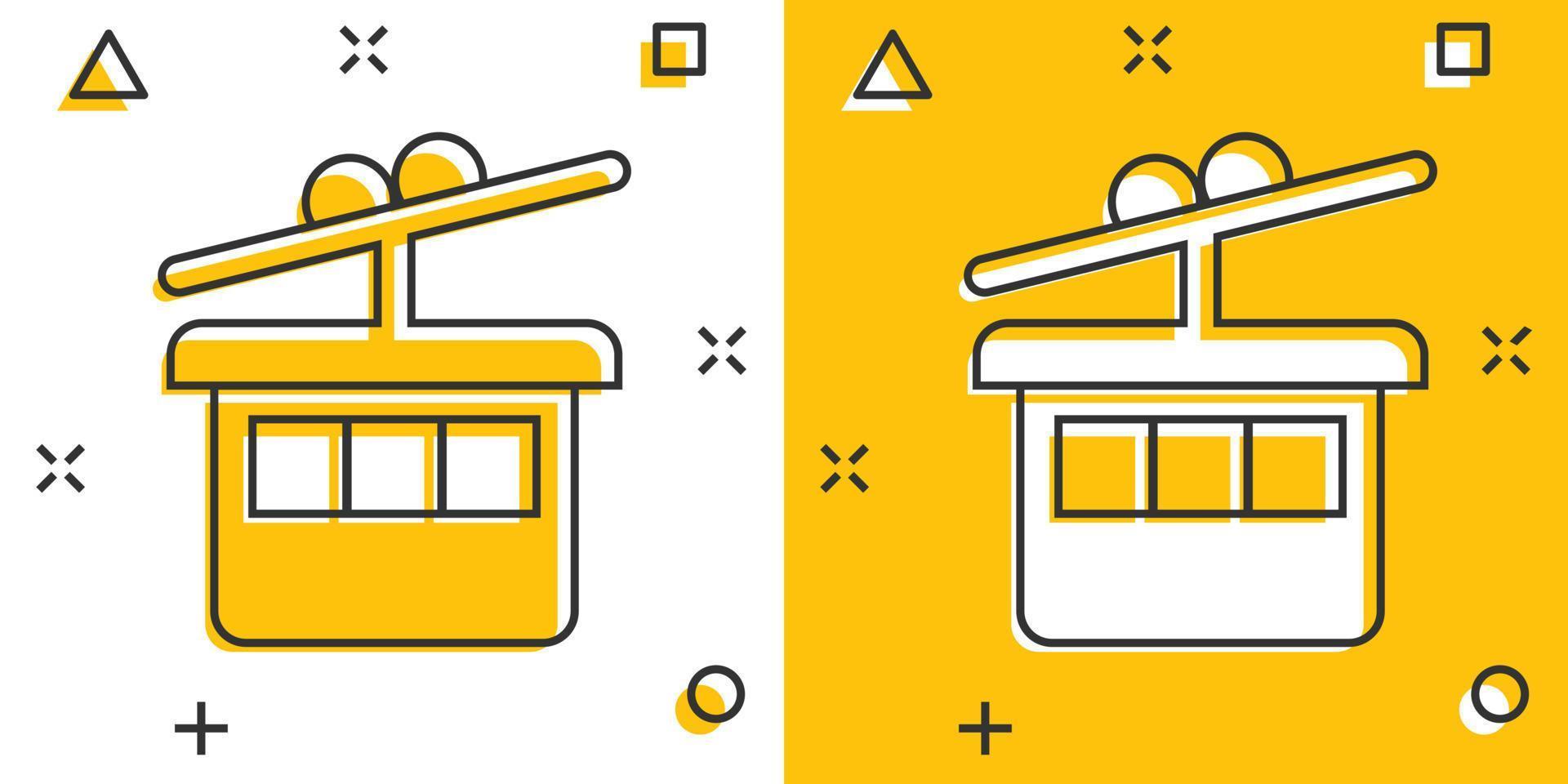 ícone do teleférico em estilo cômico. ilustração em vetor desenho animado de cabine de elevador em fundo branco isolado. conceito de negócio de efeito de respingo de teleférico.