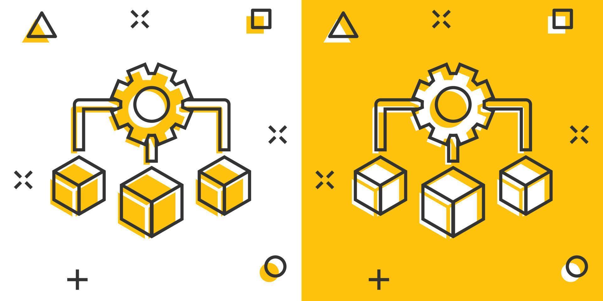 ícone da tecnologia api em estilo cômico. ilustração em vetor algoritmo dos desenhos animados sobre fundo branco isolado. engrenagem com conceito de negócio de efeito de respingo de seta.