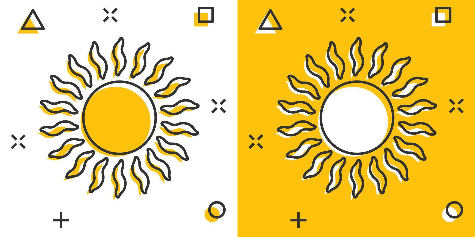 ícone do sol em estilo cômico. luz solar ilustração vetorial de sinal dos desenhos animados no fundo branco isolado. conceito de negócio de efeito de respingo de luz do dia. vetor