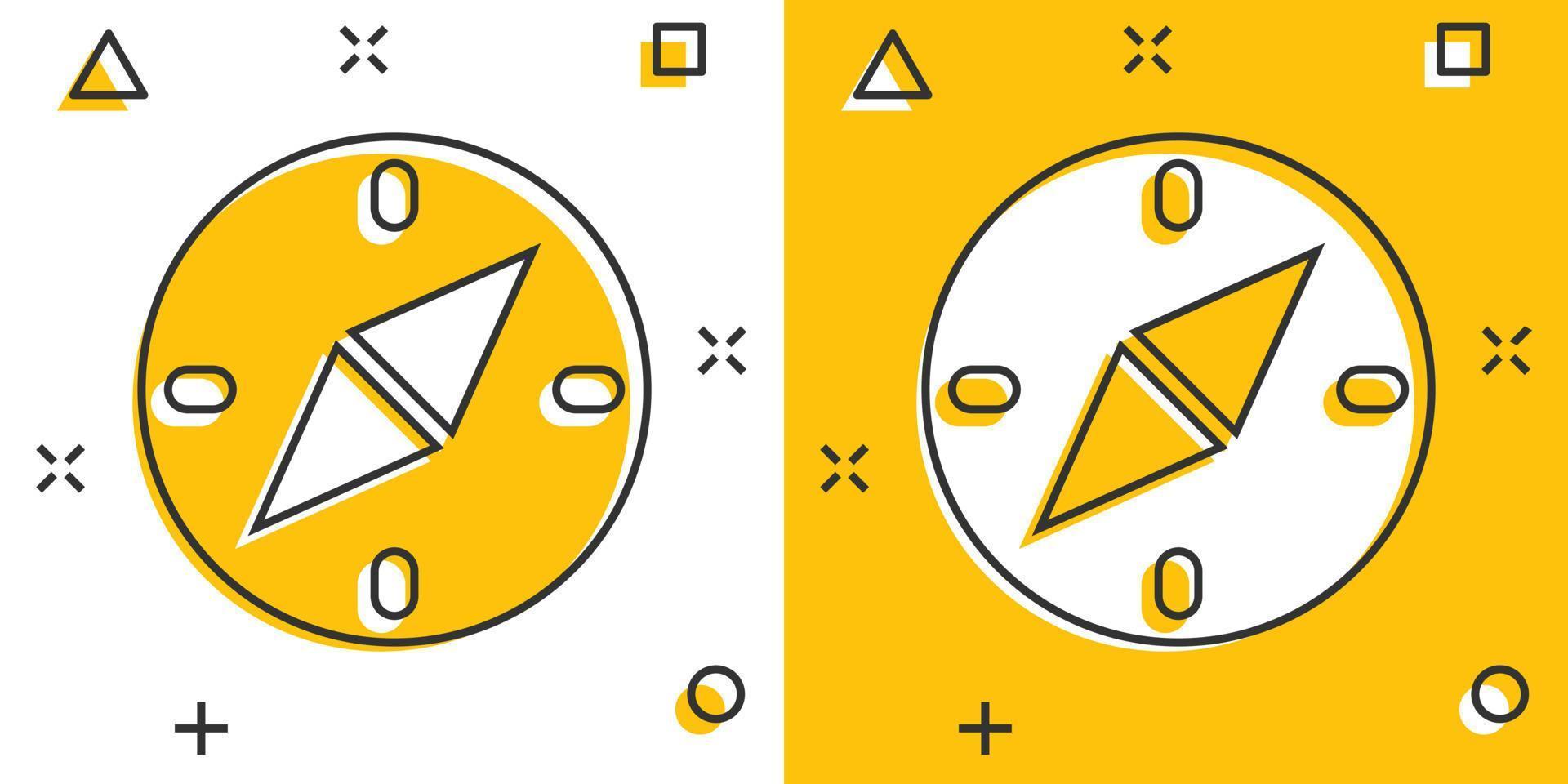 ícone de bússola em estilo cômico. ilustração em vetor desenhos animados de equipamentos de navegação em fundo branco isolado. conceito de negócio de efeito de respingo de direção de viagem.