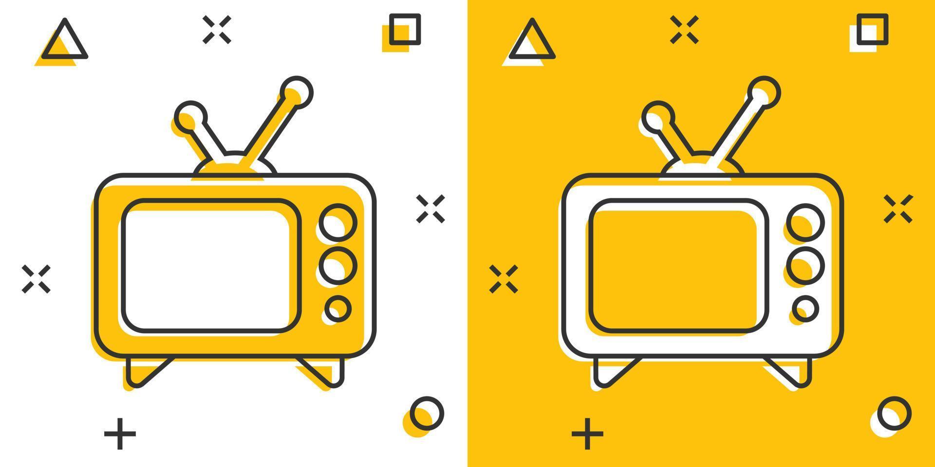 ícone da tv em estilo cômico. ilustração em vetor sinal de desenho animado de televisão em fundo branco isolado. conceito de negócio de efeito de respingo de canal de vídeo.