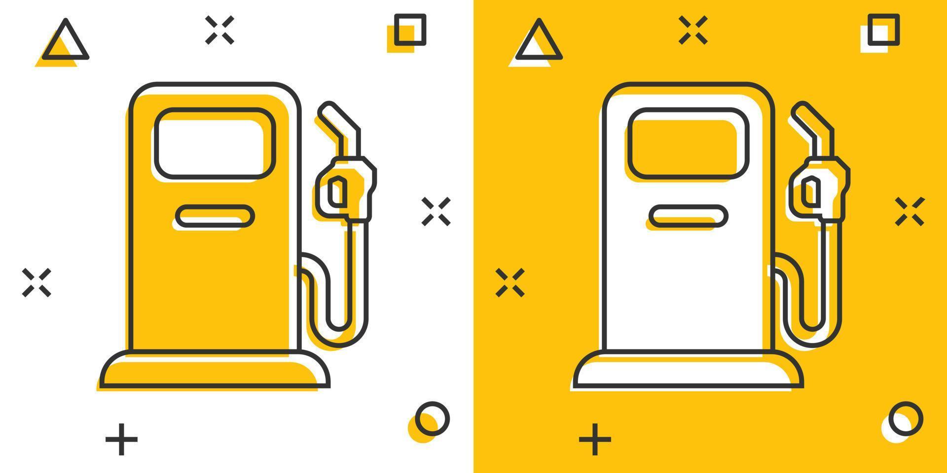 ícone da bomba de combustível em estilo cômico. ilustração em vetor sinal dos desenhos animados posto de gasolina no fundo branco isolado. conceito de negócio de efeito de respingo de gasolina.