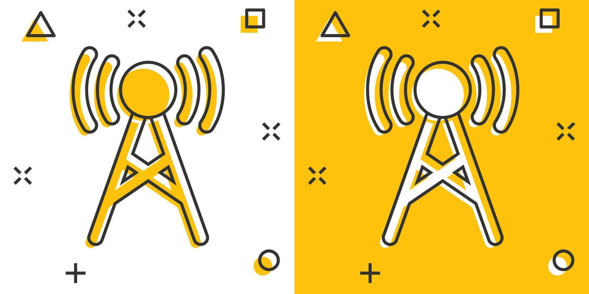 ícone de torre de antena em estilo cômico. radiodifusão ilustração vetorial dos desenhos animados sobre fundo branco isolado. conceito de negócio de efeito de respingo wi-fi. vetor