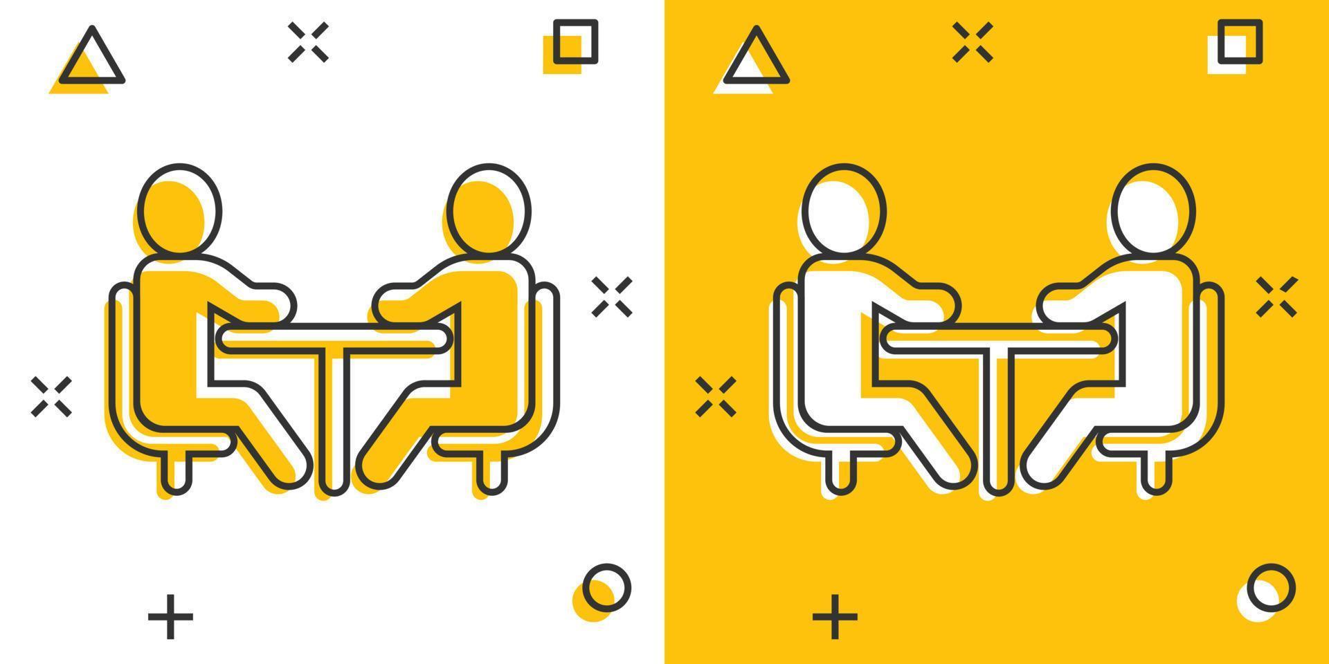 pessoas com ícone de mesa em estilo cômico. ilustração em vetor conferência trabalho em equipe dos desenhos animados no fundo branco isolado. conceito de negócio de efeito de respingo de diálogo de alto-falante.