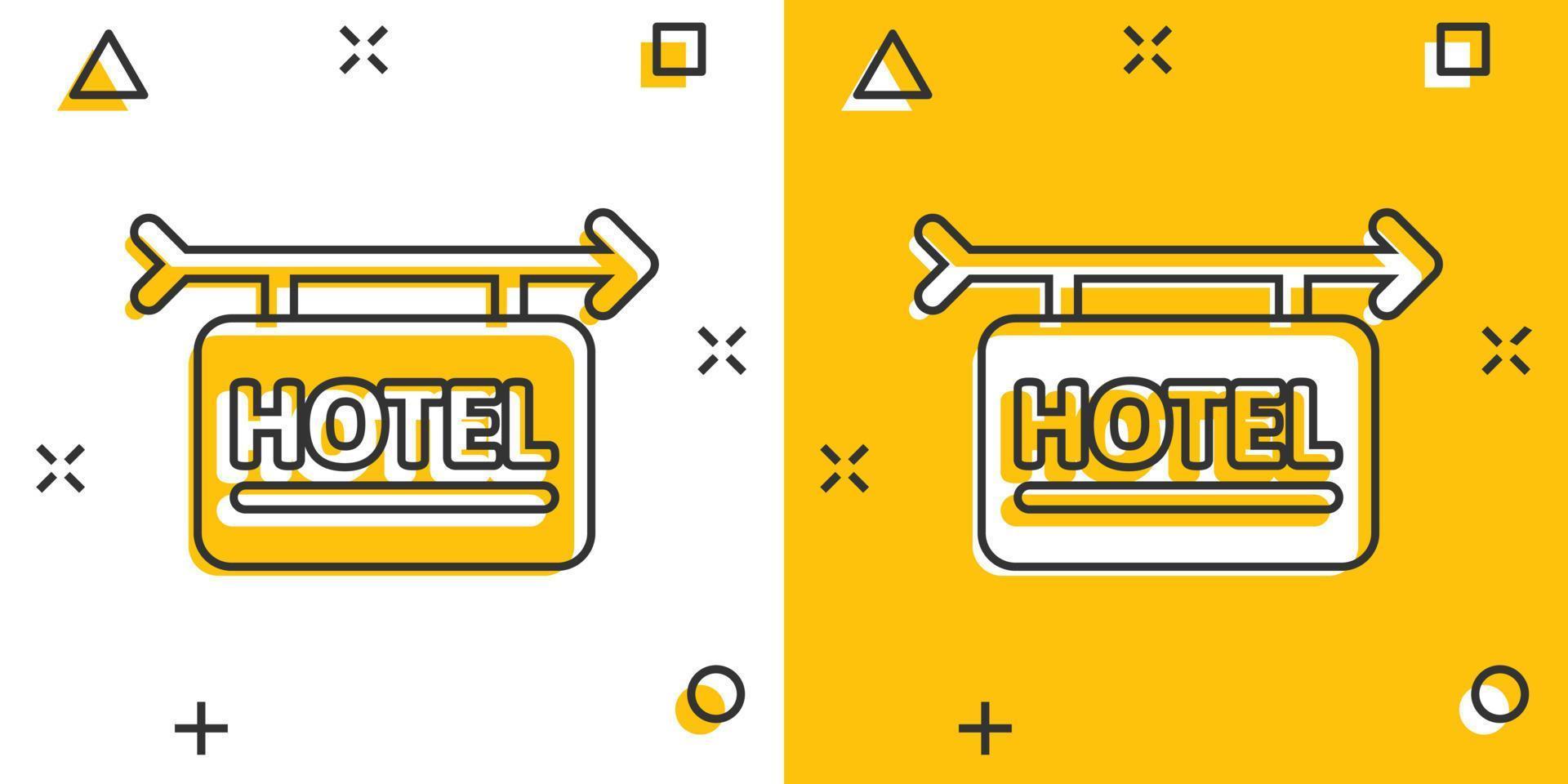 ícone de sinal de hotel em estilo cômico. ilustração em vetor pousada dos desenhos animados no fundo branco isolado. conceito de negócio de efeito de respingo de informação de quarto de albergue.