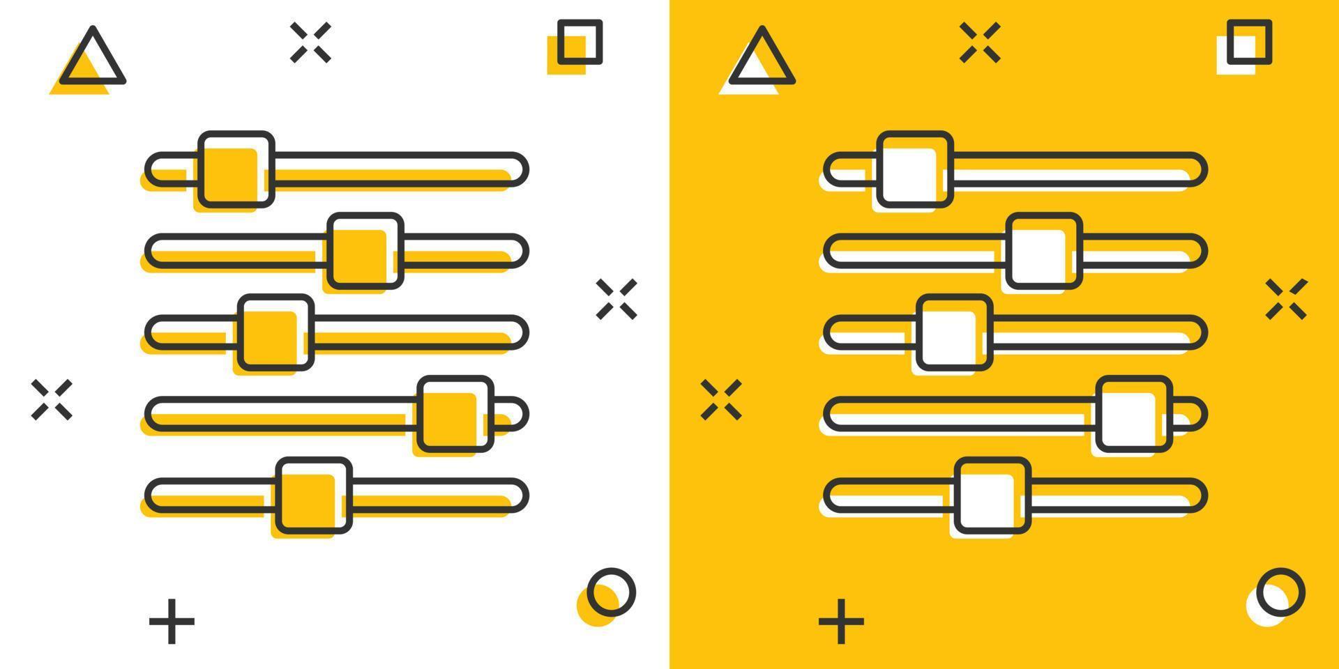 controle o ícone de volume em estilo cômico. áudio ajustando a ilustração vetorial de sinal dos desenhos animados no fundo branco isolado. conceito de negócio de efeito de respingo de filtro. vetor