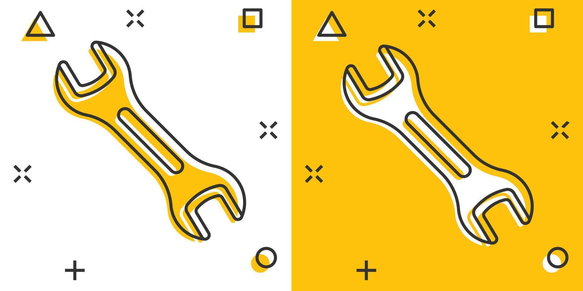 ícone de chave inglesa em estilo cômico. ilustração em vetor chave inglesa dos desenhos animados sobre fundo branco isolado. conceito de negócio de efeito de respingo de equipamento de reparo.