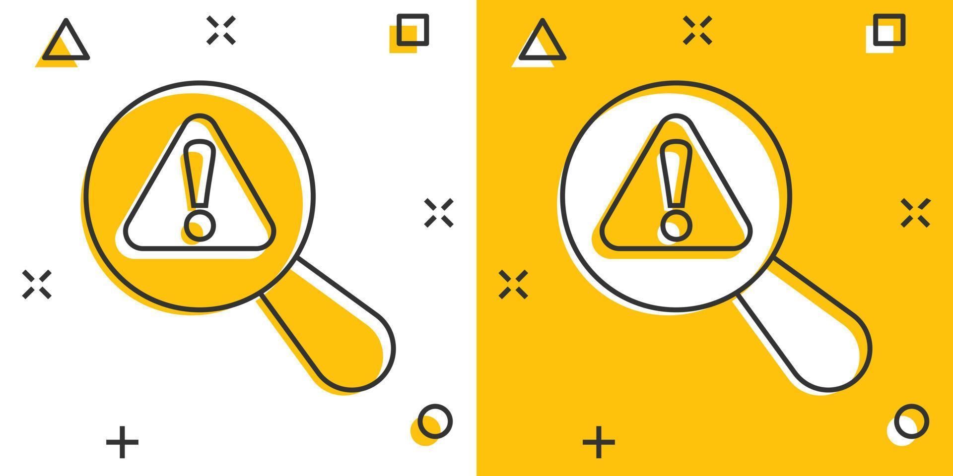 ícone de análise de risco em estilo cômico. ilustração em vetor exclamação lupa cartoon sobre fundo branco isolado. conceito de negócio de efeito de respingo de atenção.