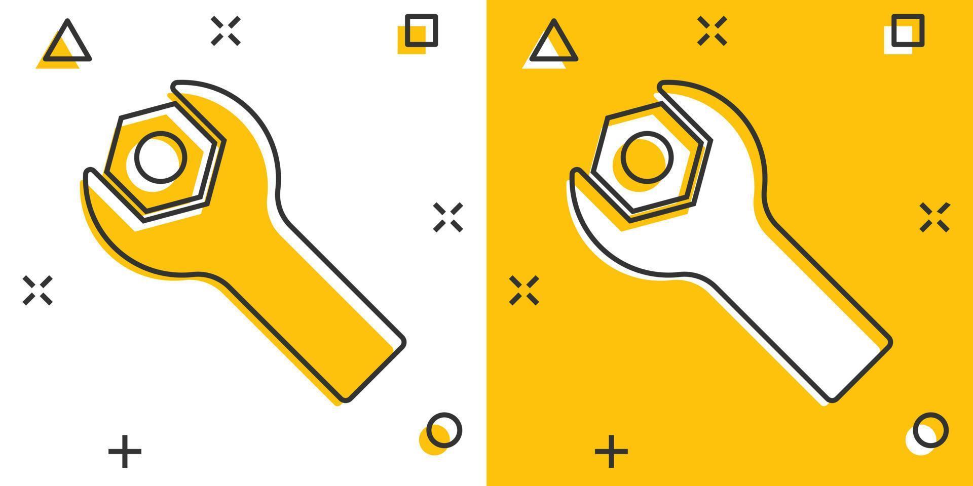 ícone de chave inglesa em estilo cômico. ilustração em vetor chave inglesa dos desenhos animados sobre fundo branco isolado. conceito de negócio de efeito de respingo de equipamento de reparo.