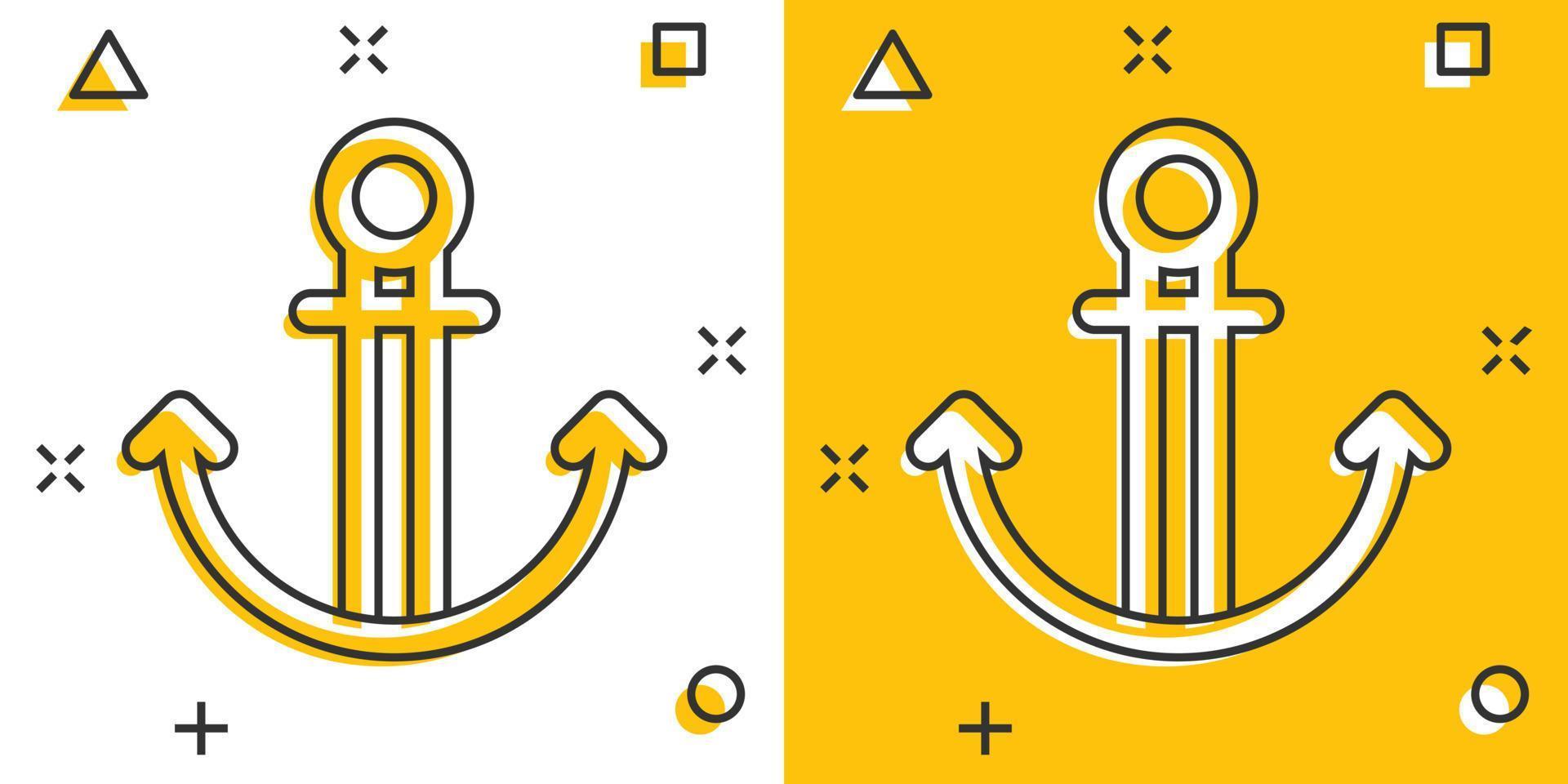 ícone de âncora de barco em estilo cômico. ilustração em vetor navio gancho dos desenhos animados no fundo branco isolado. conceito de negócio de efeito de respingo de equipamento de navio.