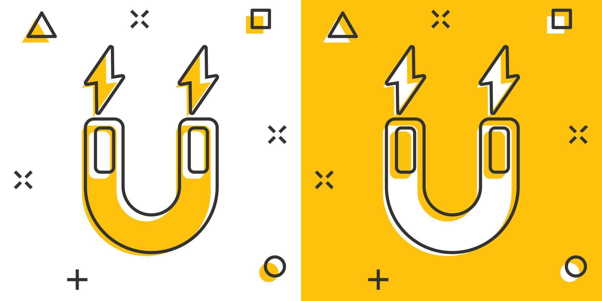 ícone de ímã em estilo cômico. atrair ilustração vetorial dos desenhos animados sobre fundo branco isolado. conceito de negócio de efeito de respingo eletromagnético. vetor